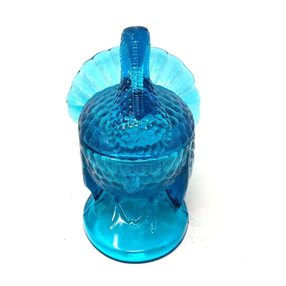 Vintage LE Smith Glass Turkey Covered Candy Dish‎ Blue Thanksgiving Decor